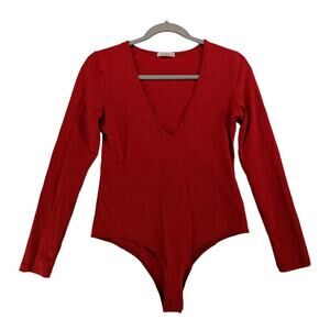 Sunro Long Sleeve Bodysuit Medium Red V Neck Layering One Piece Snap Casual Work